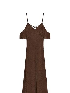 Brown Cold-Shoulder Midi Dress with Spaghetti Straps